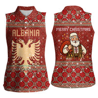Albania Christmas Women Sleeveless Polo Shirt with Red Geometric Design, Golden Double-Headed Eagle, and Santa Motif - Wonder Print Shop