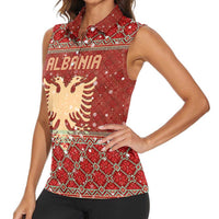 Albania Christmas Women Sleeveless Polo Shirt with Red Geometric Design, Golden Double-Headed Eagle, and Santa Motif - Wonder Print Shop