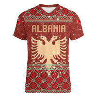 Albania Christmas Women V-Neck T-Shirt with Red Geometric Design, Golden Double-Headed Eagle, and Santa Motif - Wonder Print Shop