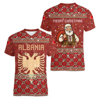 Albania Christmas Women V-Neck T-Shirt with Red Geometric Design, Golden Double-Headed Eagle, and Santa Motif - Wonder Print Shop