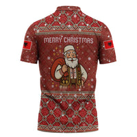 Albania Christmas Zipper Polo Shirt with Red Geometric Design, Golden Double-Headed Eagle, and Santa Motif - Wonder Print Shop