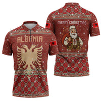 Albania Christmas Zipper Polo Shirt with Red Geometric Design, Golden Double-Headed Eagle, and Santa Motif - Wonder Print Shop