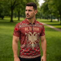 Albania Christmas Zipper Polo Shirt with Red Geometric Design, Golden Double-Headed Eagle, and Santa Motif - Wonder Print Shop