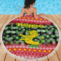 Philippines Christmas Beach Blanket with Red-Green Plaid Design, Yellow Lion, and National Coat of Arms Motif - Wonder Print Shop