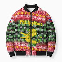 Philippines Christmas Bomber Puffer Jacket with Red-Green Plaid Design, Yellow Lion, and National Coat of Arms Motif - Wonder Print Shop