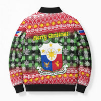 Philippines Christmas Bomber Puffer Jacket with Red-Green Plaid Design, Yellow Lion, and National Coat of Arms Motif - Wonder Print Shop