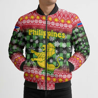Philippines Christmas Bomber Puffer Jacket with Red-Green Plaid Design, Yellow Lion, and National Coat of Arms Motif - Wonder Print Shop