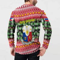 Philippines Christmas Button Sweatshirt with Red-Green Plaid Design, Yellow Lion, and National Coat of Arms Motif - Wonder Print Shop