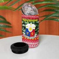 Philippines Christmas 4 in 1 Can Cooler Tumbler with Red-Green Plaid Design, Yellow Lion, and National Coat of Arms Motif - Wonder Print Shop