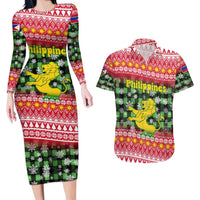 Philippines Christmas Couples Matching Long Sleeve Bodycon Dress and Hawaiian Shirt with Red-Green Plaid Design, Yellow Lion, and National Coat of Arms Motif - Wonder Print Shop