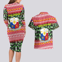 Philippines Christmas Couples Matching Long Sleeve Bodycon Dress and Hawaiian Shirt with Red-Green Plaid Design, Yellow Lion, and National Coat of Arms Motif - Wonder Print Shop
