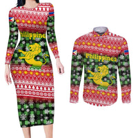 Philippines Christmas Couples Matching Long Sleeve Bodycon Dress and Long Sleeve Button Shirt with Red-Green Plaid Design, Yellow Lion, and National Coat of Arms Motif - Wonder Print Shop