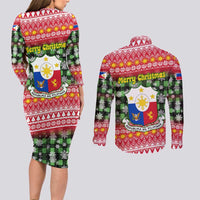 Philippines Christmas Couples Matching Long Sleeve Bodycon Dress and Long Sleeve Button Shirt with Red-Green Plaid Design, Yellow Lion, and National Coat of Arms Motif - Wonder Print Shop