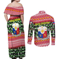 Philippines Christmas Couples Matching Off Shoulder Maxi Dress and Long Sleeve Button Shirt with Red-Green Plaid Design, Yellow Lion, and National Coat of Arms Motif - Wonder Print Shop