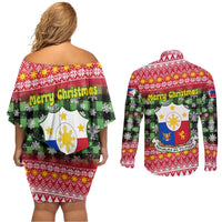 Philippines Christmas Couples Matching Off Shoulder Short Dress and Long Sleeve Button Shirt with Red-Green Plaid Design, Yellow Lion, and National Coat of Arms Motif - Wonder Print Shop