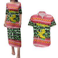 Philippines Christmas Couples Matching Puletasi and Hawaiian Shirt with Red-Green Plaid Design, Yellow Lion, and National Coat of Arms Motif - Wonder Print Shop