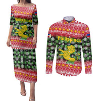 Philippines Christmas Couples Matching Puletasi and Long Sleeve Button Shirt with Red-Green Plaid Design, Yellow Lion, and National Coat of Arms Motif - Wonder Print Shop