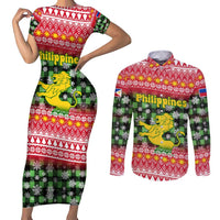 Philippines Christmas Couples Matching Short Sleeve Bodycon Dress and Long Sleeve Button Shirt with Red-Green Plaid Design, Yellow Lion, and National Coat of Arms Motif - Wonder Print Shop