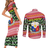 Philippines Christmas Couples Matching Short Sleeve Bodycon Dress and Long Sleeve Button Shirt with Red-Green Plaid Design, Yellow Lion, and National Coat of Arms Motif - Wonder Print Shop