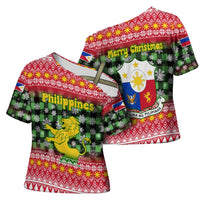 Philippines Christmas Cross Shoulder Shirt with Red-Green Plaid Design, Yellow Lion, and National Coat of Arms Motif - Wonder Print Shop