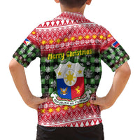 Philippines Christmas Family Matching Off The Shoulder Long Sleeve Dress and Hawaiian Shirt with Red-Green Plaid Design, Yellow Lion, and National Coat of Arms Motif - Wonder Print Shop