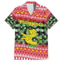 Philippines Christmas Family Matching Off The Shoulder Long Sleeve Dress and Hawaiian Shirt with Red-Green Plaid Design, Yellow Lion, and National Coat of Arms Motif - Wonder Print Shop