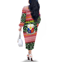 Philippines Christmas Family Matching Off The Shoulder Long Sleeve Dress and Hawaiian Shirt with Red-Green Plaid Design, Yellow Lion, and National Coat of Arms Motif - Wonder Print Shop