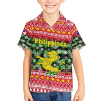 Philippines Christmas Family Matching Off The Shoulder Long Sleeve Dress and Hawaiian Shirt with Red-Green Plaid Design, Yellow Lion, and National Coat of Arms Motif - Wonder Print Shop