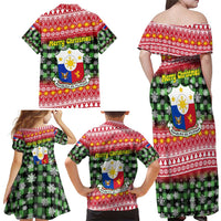 Philippines Christmas Family Matching Off Shoulder Maxi Dress and Hawaiian Shirt with Red-Green Plaid Design, Yellow Lion, and National Coat of Arms Motif - Wonder Print Shop
