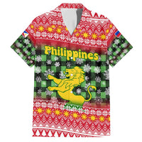 Philippines Christmas Family Matching Off Shoulder Maxi Dress and Hawaiian Shirt with Red-Green Plaid Design, Yellow Lion, and National Coat of Arms Motif - Wonder Print Shop