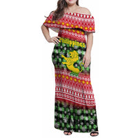 Philippines Christmas Family Matching Off Shoulder Maxi Dress and Hawaiian Shirt with Red-Green Plaid Design, Yellow Lion, and National Coat of Arms Motif - Wonder Print Shop