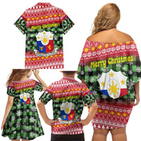 Philippines Christmas Family Matching Off Shoulder Short Dress and Hawaiian Shirt with Red-Green Plaid Design, Yellow Lion, and National Coat of Arms Motif - Wonder Print Shop
