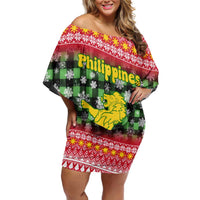 Philippines Christmas Family Matching Off Shoulder Short Dress and Hawaiian Shirt with Red-Green Plaid Design, Yellow Lion, and National Coat of Arms Motif - Wonder Print Shop