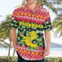 Philippines Christmas Hawaiian Shirt with Red-Green Plaid Design, Yellow Lion, and National Coat of Arms Motif - Wonder Print Shop