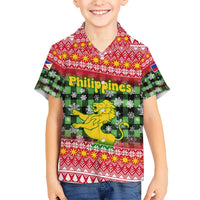 Philippines Christmas Hawaiian Shirt with Red-Green Plaid Design, Yellow Lion, and National Coat of Arms Motif - Wonder Print Shop
