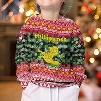Philippines Christmas Kid Ugly Christmas Sweater with Red-Green Plaid Design, Yellow Lion, and National Coat of Arms Motif - Wonder Print Shop