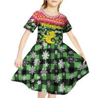 Philippines Christmas Kid Short Sleeve Dress with Red-Green Plaid Design, Yellow Lion, and National Coat of Arms Motif - Wonder Print Shop