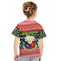 Philippines Christmas Kid T Shirt with Red-Green Plaid Design, Yellow Lion, and National Coat of Arms Motif - Wonder Print Shop