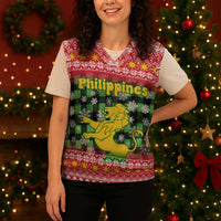 Philippines Christmas Knitted V-Neck Vest with Red-Green Plaid Design, Yellow Lion, and National Coat of Arms Motif - Wonder Print Shop