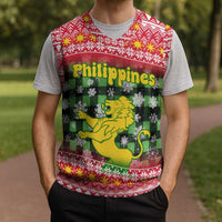 Philippines Christmas Knitted V-Neck Vest with Red-Green Plaid Design, Yellow Lion, and National Coat of Arms Motif - Wonder Print Shop