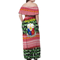 Philippines Christmas Off Shoulder Maxi Dress with Red-Green Plaid Design, Yellow Lion, and National Coat of Arms Motif - Wonder Print Shop