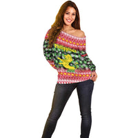 Philippines Christmas Off Shoulder Sweater with Red-Green Plaid Design, Yellow Lion, and National Coat of Arms Motif - Wonder Print Shop