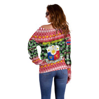 Philippines Christmas Off Shoulder Sweater with Red-Green Plaid Design, Yellow Lion, and National Coat of Arms Motif - Wonder Print Shop