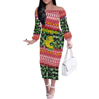 Philippines Christmas Off The Shoulder Long Sleeve Dress with Red-Green Plaid Design, Yellow Lion, and National Coat of Arms Motif - Wonder Print Shop