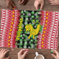 Philippines Christmas Puzzle with Red-Green Plaid Design, Yellow Lion, and National Coat of Arms Motif - Wonder Print Shop