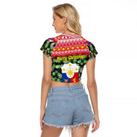 Philippines Christmas Raglan Cropped T Shirt with Red-Green Plaid Design, Yellow Lion, and National Coat of Arms Motif - Wonder Print Shop