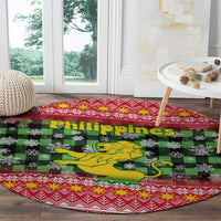 Philippines Christmas Round Carpet with Red-Green Plaid Design, Yellow Lion, and National Coat of Arms Motif - Wonder Print Shop