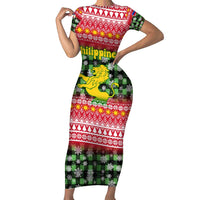 Philippines Christmas Short Sleeve Bodycon Dress with Red-Green Plaid Design, Yellow Lion, and National Coat of Arms Motif - Wonder Print Shop