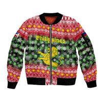 Philippines Christmas Sleeve Zip Bomber Jacket with Red-Green Plaid Design, Yellow Lion, and National Coat of Arms Motif - Wonder Print Shop
