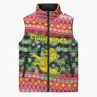 Philippines Christmas Sleeveless Puffer Jacket with Red-Green Plaid Design, Yellow Lion, and National Coat of Arms Motif - Wonder Print Shop